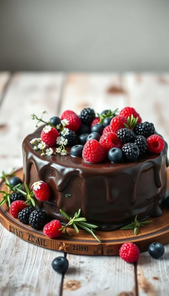 A beautifully arranged chocolate cake, covered in a rich, glossy ganache, sits atop a rustic wooden surface. Cascading over the edges are fresh, juicy berries - plump raspberries, tart blackberries, and sweet blueberries. Delicate sprigs of baby's breath and fragrant sprigs of rosemary add a touch of nature, complementing the deep hues of the cake. Soft, diffused lighting illuminates the scene, casting gentle shadows and highlighting the textures of the ingredients. The overall mood is one of elegant simplicity, inviting the viewer to indulge in this visually stunning and undoubtedly delicious dessert.