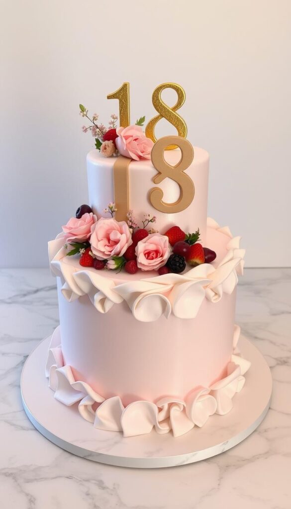 A beautifully crafted 18th birthday cake, elegantly presented on a marble table. The cake is a masterpiece of intricate designs, with delicate fondant ruffles cascading down the sides and a shimmering mirror glaze finish that reflects the soft, warm lighting from above. Delicate flowers, fresh berries, and artfully placed edible gold leaf accents adorn the top, creating a visually stunning and mouthwatering display. The image is captured from a slightly elevated angle, highlighting the cake's stunning proportions and exquisite attention to detail, all set against a minimalist backdrop that allows the cake to be the true star of the show.