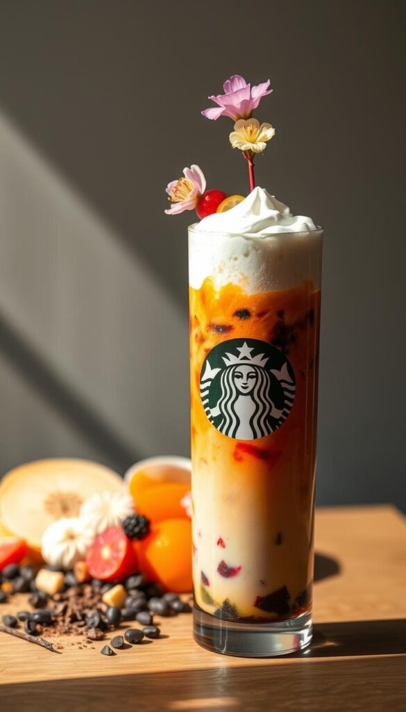 A beautifully crafted and meticulously styled Starbucks secret menu drink, captured in a warm, natural light. The foreground features a tall, tempting glass filled with a vibrant, layered concoction, garnished with colorful fresh fruit and a delicate floral sprig. The middle ground showcases an array of carefully selected, high-quality ingredients, each with its own distinct texture and color. In the background, a clean, minimalist backdrop, allowing the drink to take center stage and exude a sense of artisanal craftsmanship. The overall composition conveys a sense of artistry, creativity, and the allure of discovering unique, customized Starbucks beverages.