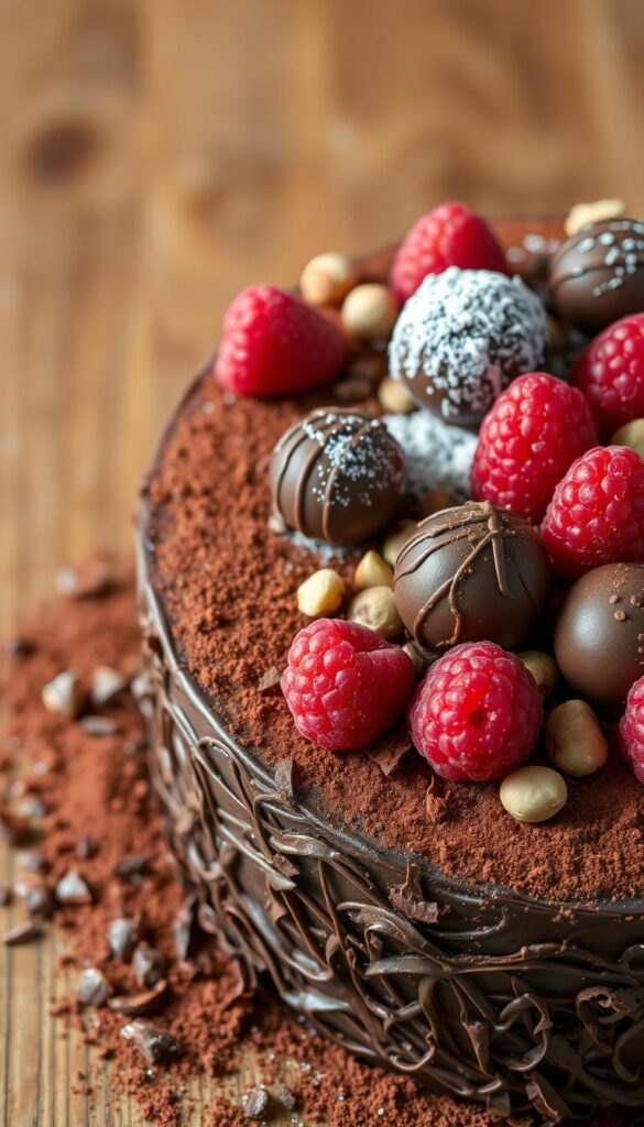 A beautifully crafted homemade chocolate cake adorned with an array of artfully arranged decorations. In the foreground, delicate chocolate shavings and cocoa powder create a textural canvas. Atop the cake, a scattering of plump, juicy raspberries and glistening chocolate truffles, their surfaces reflecting the warm lighting. In the middle ground, a sprinkling of chopped toasted hazelnuts and a dusting of powdered sugar add depth and visual interest. The background features a wooden tabletop, its natural grain subtly visible, creating a rustic, homely atmosphere. The image is captured with a shallow depth of field, emphasizing the intricate details of the cake decorations.