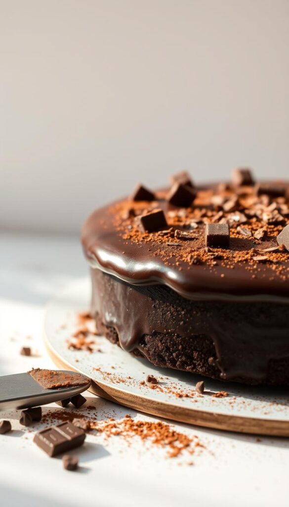 A beautifully lit, close-up shot of an easy chocolate cake with a smooth, glossy ganache frosting. The cake is garnished with simple yet elegant chocolate shavings, cocoa powder, and a dusting of powdered sugar. The frosting glistens under warm, directional lighting, casting soft shadows that accentuate the cake's texture. The composition focuses on the cake's surface, with a clean, minimalist background that allows the dessert to take center stage. The overall mood is inviting, highlighting the accessible, beginner-friendly nature of the decorations.