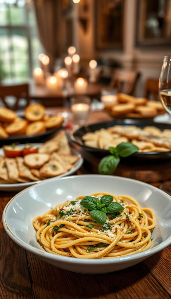 A beautifully lit close-up view of a variety of delectable pasta dishes, artfully arranged on a rustic wooden table. In the foreground, a large bowl of freshly prepared linguine tossed in a vibrant, creamy pesto sauce, garnished with grated Parmesan and fresh basil leaves. Next to it, a platter of decadent ravioli, filled with a rich, creamy cheese and topped with a drizzle of fragrant truffle oil. In the middle ground, a selection of freshly baked garlic bread slices, their golden crusts glistening. The background features a soft, blurred view of a cozy, candlelit dining room, setting the stage for an intimate, special occasion.