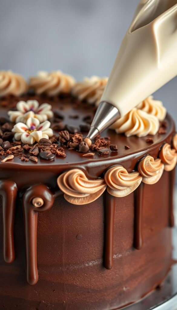 A beautifully lit, high-resolution close-up of an expertly decorated chocolate cake. The cake's glossy, dark chocolate ganache frosting is artfully swirled and smoothed, with intricate patterns of chocolate shavings, cocoa nibs, and edible flowers cascading down the sides. In the foreground, a piping bag filled with white chocolate buttercream creates elegant rosettes and delicate scrollwork across the top of the cake. Soft, directional lighting highlights the sheen of the frosting and the rich, velvety texture of the cake crumb. The composition emphasizes the craftsmanship and attention to detail in this chocolate cake decorating masterpiece.