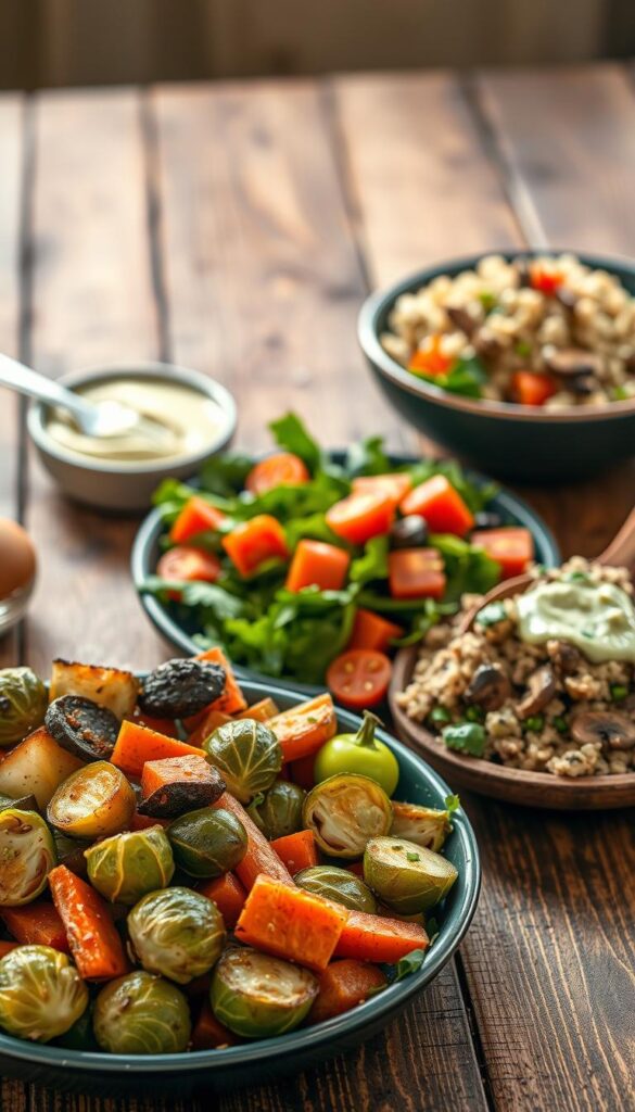 A beautifully lit image of a variety of healthy, freshly prepared side dishes, artfully arranged on a rustic wooden table. In the foreground, crisp roasted vegetables such as brussels sprouts, carrots, and zucchini, drizzled with a light vinaigrette. In the middle ground, a vibrant green salad with mixed greens, cherry tomatoes, and a creamy avocado dressing. In the background, a bowl of fluffy quinoa paired with sautéed mushrooms and herbs. The lighting is warm and natural, creating a inviting and appetizing atmosphere. The composition is balanced and visually appealing, capturing the essence of quick, easy, and nutritious side dishes that would perfectly complement a summer dinner.