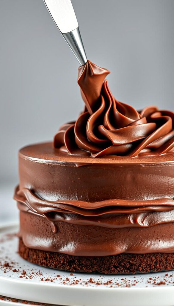 A beautifully lit, professional-quality close-up photograph of a freshly baked chocolate cake being decorated with intricate swirls of rich, silky chocolate ganache. The cake is set against a clean, minimalist background, allowing the decadent texture and luscious color of the frosting to take center stage. Elegant piping details along the edges and a dusting of cocoa powder add the final touches, creating a visually stunning and appetizing display. The lighting is soft and diffuse, highlighting the sheen of the ganache and the depth of the chocolate hues. The camera angle is slightly elevated, providing an enticing, up-close view of the cake's lavish decoration process.