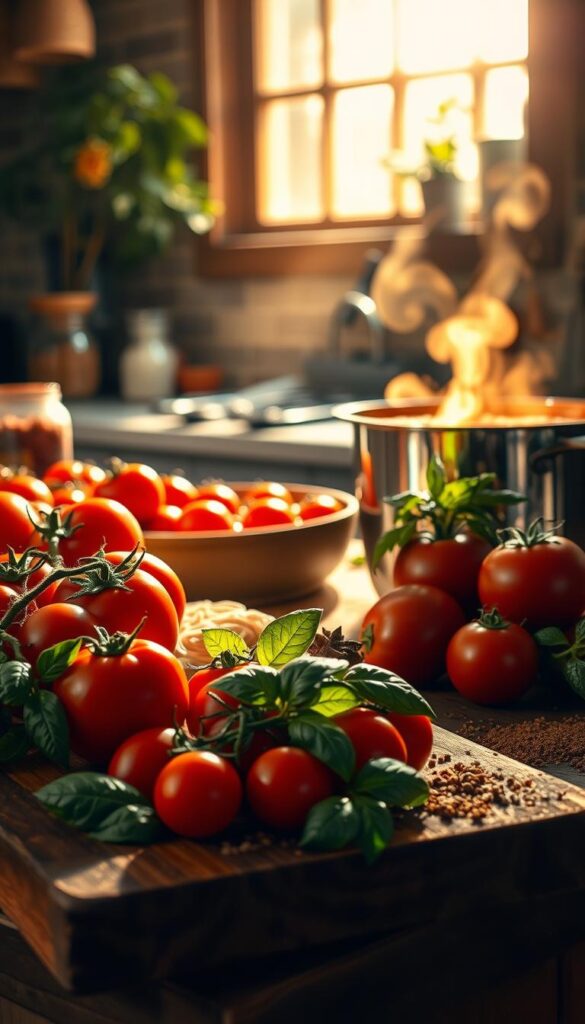 A beautifully lit, rustic kitchen scene featuring an array of fresh pasta sauces and ingredients. In the foreground, a wooden cutting board showcases vibrant tomatoes, aromatic basil, and a variety of spices. In the middle ground, a large pot simmers with a rich, tomatoey sauce, its steam rising gently. In the background, a window floods the space with warm, natural light, casting a golden glow over the scene. The overall mood is one of culinary inspiration and a celebration of the season's bounty, perfectly capturing the "Embracing a Healthy Summer Lifestyle" theme.
