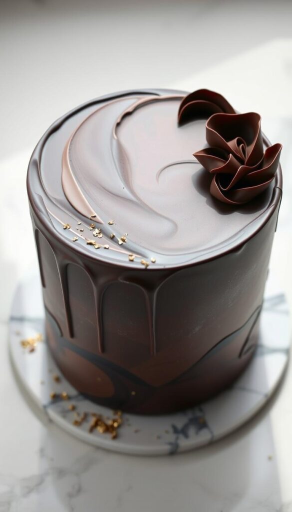 A beautifully styled chocolate cake, its surface adorned with intricate swirls of rich dark chocolate ganache. The cake stands atop a sleek marble slab, illuminated by soft, diffused lighting that casts subtle shadows across its elegant form. Delicate chocolate shavings cascade gracefully down the sides, their silky texture contrasting with the glossy ganache. Scattered amidst the shavings are small, glittering edible gold flakes, adding a touch of luxurious elegance. The overall composition exudes a sense of decadence and sophistication, perfectly capturing the essence of the "Best Chocolate Cake Design Ideas" section.