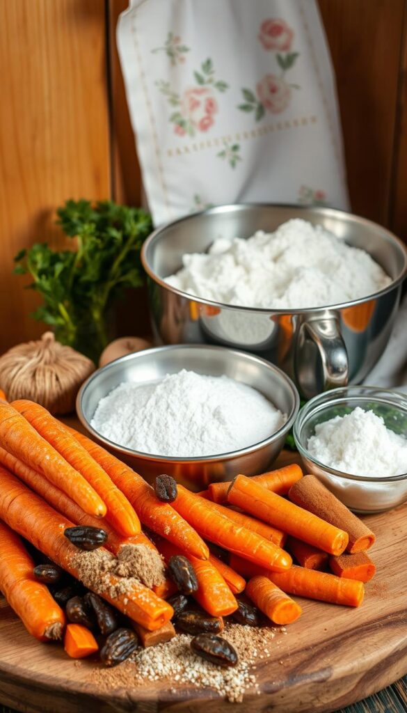 A bountiful arrangement of fresh carrot cake ingredients set against a warm, rustic backdrop. In the foreground, a wooden board showcases vibrant orange carrots, plump raisins, and a dusting of ground cinnamon. Nestled in the middle ground, a stainless steel mixing bowl overflows with flour, granulated sugar, and baking soda. Surrounding this, a vintage-inspired tea towel adorned with a delicate floral pattern adds a touch of farmhouse charm. Soft, directional lighting illuminates the scene, casting gentle shadows and highlighting the natural textures of the ingredients. The overall mood is one of homey comfort and anticipation, inviting the viewer to imagine the irresistible carrot cake soon to be baked.