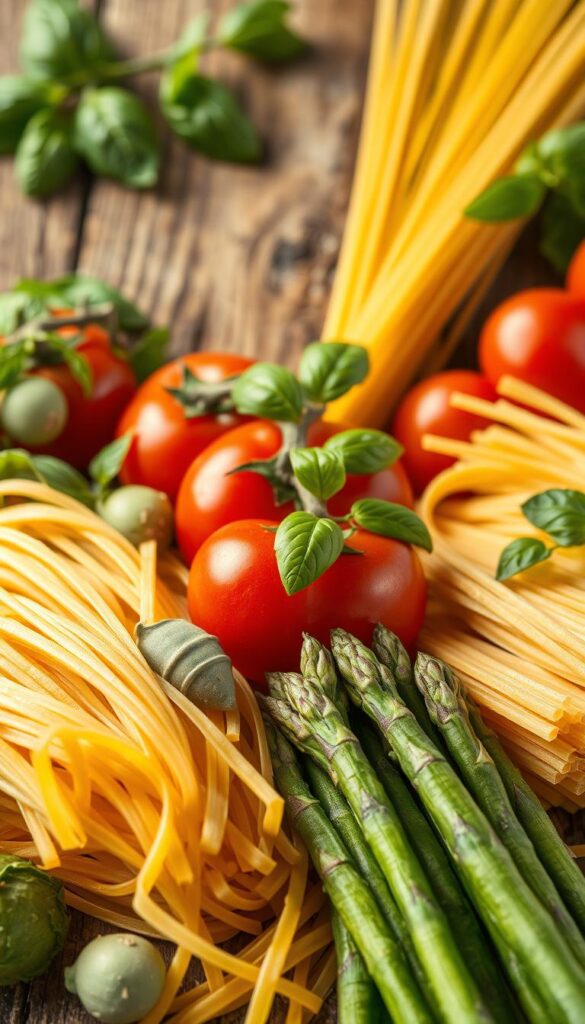 A bountiful arrangement of fresh pasta ingredients set against a rustic wooden surface. In the foreground, a vibrant array of seasonal produce - plump tomatoes, fragrant basil leaves, and vibrant green asparagus. In the middle ground, a selection of handmade pasta strands, their delicate textures and yellow-gold hues complementing the vibrant produce. The background reveals a soft, diffused lighting that casts a warm, inviting glow over the scene, emphasizing the freshness and quality of the ingredients. The overall composition conveys a sense of artisanal craftsmanship and the importance of using high-quality, seasonal ingredients in crafting delicious pasta dishes.