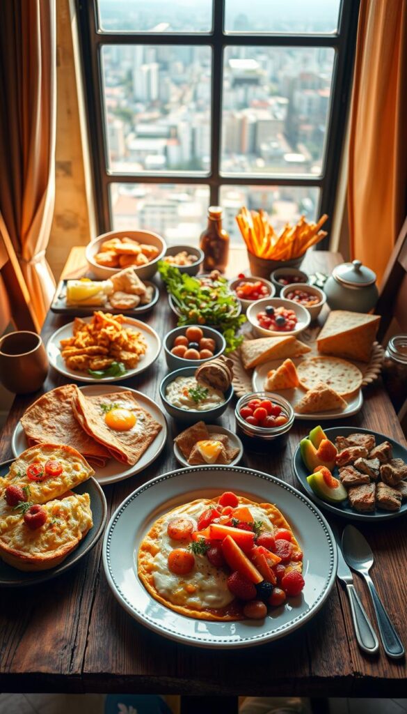 A bountiful breakfast spread against a global backdrop: an array of diverse, delectable dishes - fluffy frittatas, savory breakfast tacos, fresh fruit and pastries, all arranged artfully on a rustic wooden table. Warm, soft lighting bathes the scene, casting a cozy, inviting atmosphere. Vibrant pops of color from the various ingredients contrast beautifully with the muted, earthy tones of the table and background. Overhead, a panoramic window offers a glimpse of bustling city streets or serene countryside, hinting at the worldly inspirations behind this delightful morning feast.