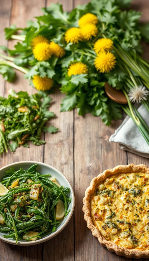 A bountiful collection of fresh dandelion greens, their vibrant green leaves showcased against a rustic wooden table. On the table, a variety of simple yet appetizing dishes - a crisp salad with a tangy vinaigrette, sautéed greens seasoned with garlic and lemon, and a hearty quiche with a flaky crust. Soft, natural lighting bathes the scene, highlighting the textural details of the ingredients. The overall mood is one of wholesome, homemade nourishment, inviting the viewer to explore the versatility of this humble weed in the kitchen.