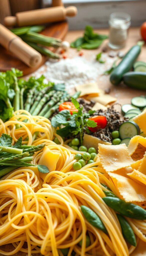 A bountiful display of freshly made pasta nestled among a vibrant array of spring vegetables. In the foreground, delicate strands of linguine, fettuccine, and ravioli, their surfaces glistening with a light sheen. Surrounding them, an assortment of seasonal produce - crisp asparagus spears, tender peas, fragrant herbs, and sliced zucchini. The midground showcases the process, with a wooden board, a rolling pin, and a dusting of flour, evoking the artisanal craftsmanship. In the background, a rustic kitchen counter or table, perhaps with a jar of homemade sauce or a sprinkle of Parmesan cheese, setting the stage for a delightful springtime pasta feast. Warm, natural lighting casts a soft glow, enhancing the vibrant colors and textures of this inviting scene.