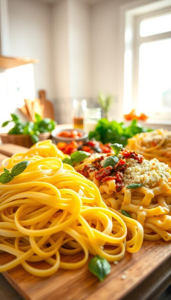 A bountiful display of homemade pasta in a bright, airy kitchen. In the foreground, an assortment of fresh noodles - silky tagliatelle, plump ravioli, and delicate linguine - gently nestled on a wooden cutting board. The middle ground showcases a collection of vibrant sauces and toppings - fragrant basil, sun-dried tomatoes, and crumbled ricotta. The background features a large window, casting warm, natural light that accentuates the texture and colors of the pasta and ingredients. The overall scene exudes a sense of culinary creativity and the pleasure of handcrafting delicious meals.