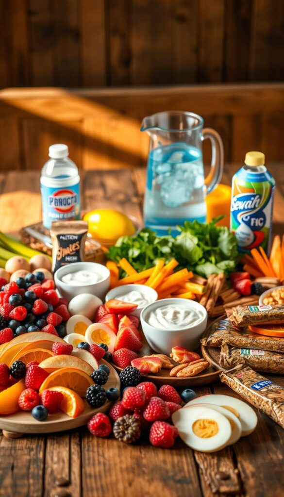 A bountiful display of nourishing post-game recovery snacks arranged on a rustic wooden table. In the foreground, an assortment of fresh fruit, including juicy berries, sliced apples, and orange wedges, arranged with care. Beside them, a selection of protein-rich options like hard-boiled eggs, Greek yogurt, and nut butter-filled energy bars. In the middle ground, a pitcher of cool, refreshing water and electrolyte-rich sports drinks, flanked by vibrant leafy greens and crunchy vegetable sticks. The warm, natural lighting casts a cozy glow, evoking a sense of comfort and rejuvenation. The overall scene emanates a soothing, laid-back atmosphere, inviting the viewer to savor these nourishing post-game recovery snacks.