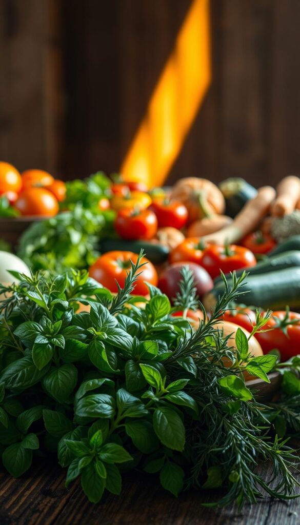 A bountiful still life of seasonal veggies and herbs, artfully arranged on a rustic wooden table. In the foreground, an array of vibrant greens - fresh basil, thyme, and rosemary - their delicate leaves casting soft shadows. Surrounding them, a medley of summer produce - ripe tomatoes in shades of red and orange, crisp zucchini and squash, and a bundle of earthy carrots. A single shaft of warm, golden light illuminates the scene, lending a gentle, natural glow. The overall atmosphere is one of abundance, warmth, and the simple pleasures of seasonal, locally-sourced ingredients.