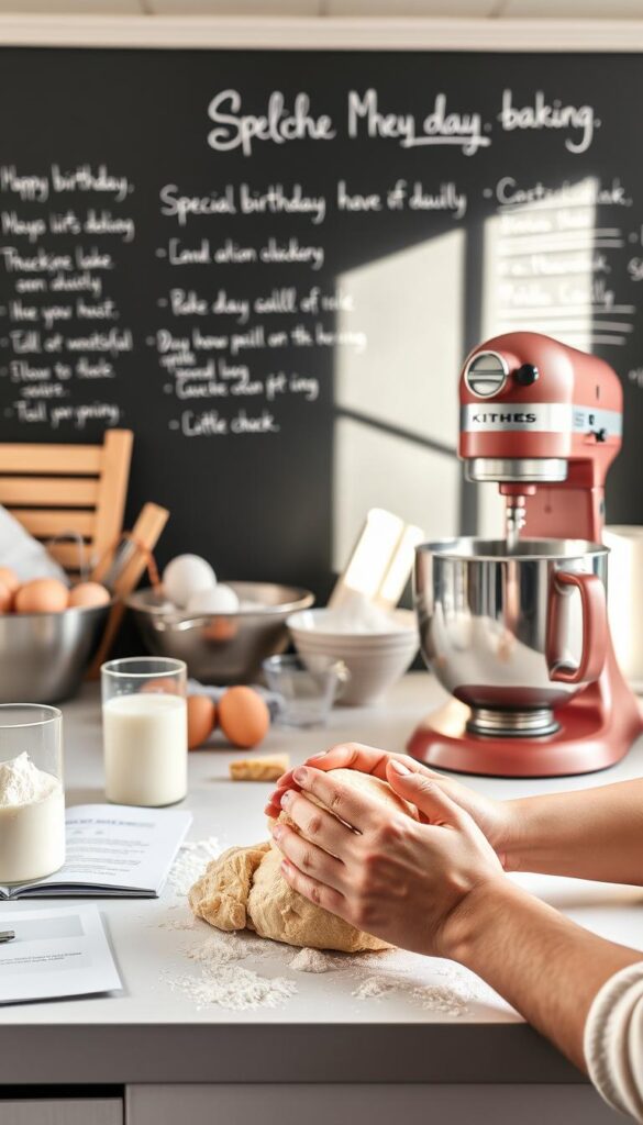 A bright, airy kitchen counter with an assortment of baking essentials, including flour, eggs, measuring cups, and a mixing bowl. A glass of milk and a cookbook lie open, illuminated by natural light streaming through a nearby window. In the foreground, skilled hands knead dough, while in the middle ground, a stand mixer whirrs, blending ingredients. The background features a chalkboard wall, adorned with handwritten notes and baking tips. The overall atmosphere exudes a sense of culinary creativity and preparation, perfect for a special birthday cake-making session.
