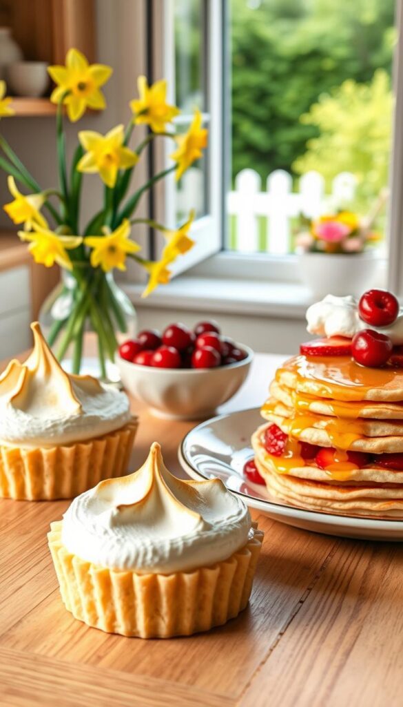 A bright, airy kitchen scene with various spring-inspired desserts artfully arranged on a wooden table. In the foreground, a delicate lemon meringue tart, its golden peaks glistening under warm, natural lighting. Alongside, a vibrant strawberry shortcake, fresh berries peeking through fluffy whipped cream. In the middle ground, a bowl of ripe, juicy cherries and a stack of soft, cloud-like pancakes drizzled with golden honey. The background features a vase of cheerful daffodils and an open window overlooking a lush, green garden. The overall atmosphere is one of effortless springtime indulgence, inviting the viewer to savor these quick, delightful dessert options.