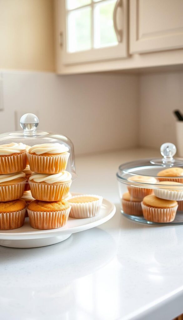 A brightly lit kitchen countertop, with a stack of freshly baked vanilla cupcakes neatly arranged on a clean white platter. The cupcakes are covered with a transparent plastic dome, preserving their soft, fluffy texture and preventing them from drying out. Beside the platter, a glass food storage container holds additional cupcakes, their domed lids sealing in the moisture. The arrangement is captured at a medium angle, showcasing the careful presentation and attention to preserving the cupcakes' delicate nature. The lighting casts a warm, homey glow, and the overall scene conveys a sense of domestic tranquility and the care taken in storing these tasty treats.