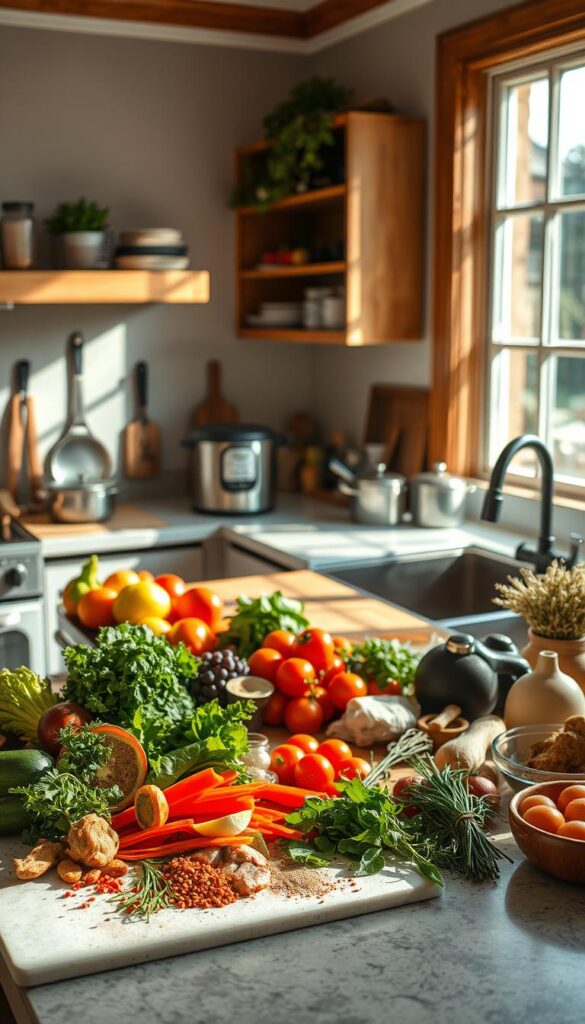 A cheerful, sun-drenched kitchen countertop, adorned with an array of fresh produce, spices, and cooking utensils. In the foreground, an assortment of colorful ingredients - vibrant vegetables, aromatic herbs, and a selection of proteins - arranged invitingly, hinting at the endless possibilities for a customizable, healthy summer dinner. The middle ground features a large cutting board, a collection of pots and pans, and a stylish kitchen appliance, suggesting the tools and equipment available to the home chef. In the background, a large window allows natural light to flood the space, creating a warm and welcoming atmosphere. The overall scene conveys a sense of culinary creativity, empowering the viewer to explore and tailor their dinner options to their personal preferences and dietary needs.