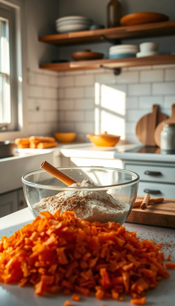 A classic carrot cake in the making. In the foreground, freshly grated carrots and a mixing bowl filled with a batter of flour, sugar, eggs, and spices. Sunlight streams through a window, casting a warm glow over the scene. Atop the counter, a bundle of cinnamon sticks and a dusting of nutmeg, hinting at the aromatic flavors to come. In the background, a vintage kitchen with subway tiles and weathered wooden shelves, creating a cozy, homey atmosphere. The overall mood is one of comforting domesticity, as if captured in the moment of preparing a beloved family recipe.