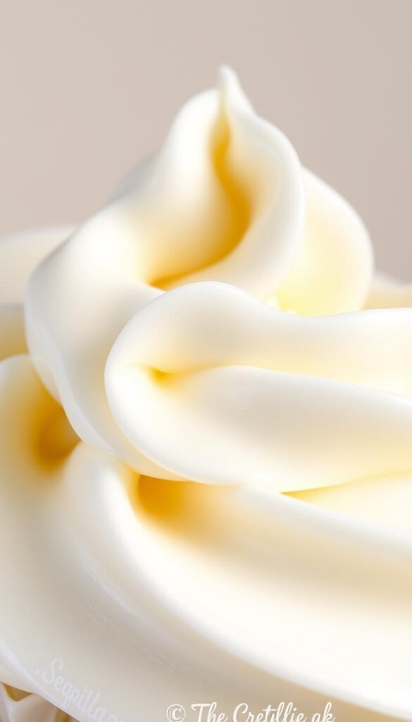 A close-up shot of a delicate vanilla buttercream frosting, its creamy white texture glistening with a soft sheen. The frosting is piped in swirling patterns, creating a visually appealing and tempting display. The background is a neutral, complementary color, allowing the frosting to take center stage. Soft, diffused lighting casts gentle shadows, highlighting the frosting's smooth, pillowy consistency. The overall composition conveys a sense of elegance and simplicity, perfectly capturing the essence of a classic vanilla frosting recipe.
