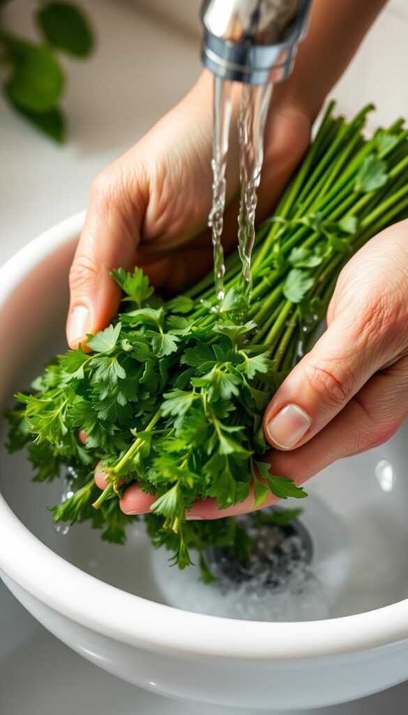 A close-up view of a person's hands carefully cleaning and rinsing a bundle of fresh dandelion greens under a gently flowing tap of cool water. The greens are vibrant green, with their delicate leaves and stems visible. The background is blurred, placing the focus on the task at hand. Soft, diffused natural lighting illuminates the scene, creating a calming and serene atmosphere. The camera angle is slightly elevated, giving the viewer a first-person perspective of the preparation process. The overall mood is one of mindfulness and appreciation for the simple act of preparing these edible wild greens.