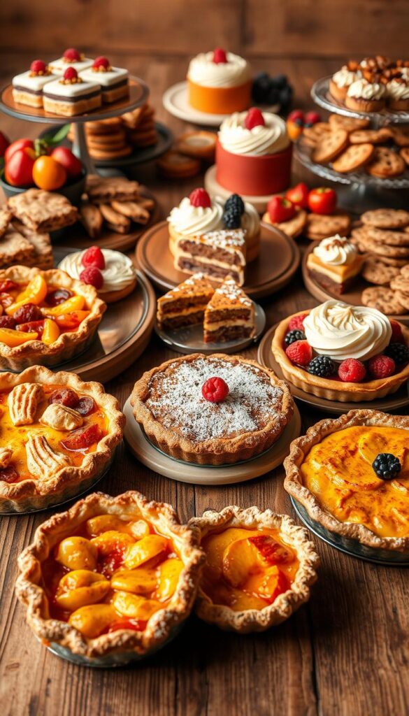 A colorful still life of a variety of seasonal desserts, arranged artfully on a rustic wooden table. In the foreground, a selection of pies and tarts, their crusts golden and flaky, revealing vibrant fillings of autumn fruits and spices. In the middle ground, lush cakes frosted with swirls of creamy buttercream, dusted with powdered sugar or adorned with fresh berries. In the background, a variety of cookies, bars, and other bite-sized treats, each showcasing the flavors of the current season. The scene is bathed in warm, soft lighting, casting a cozy, inviting atmosphere. The overall composition evokes a sense of festive celebration and culinary delight.