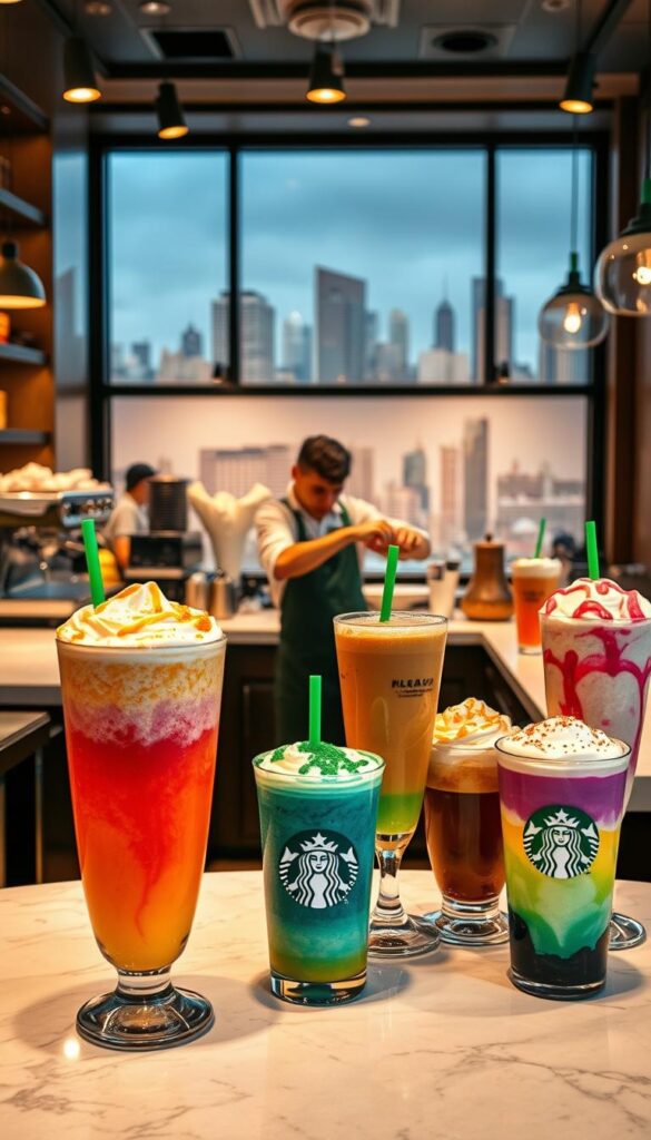 A cozy cafe interior with a vibrant display of Starbucks secret menu drinks. In the foreground, an array of colorful concoctions - ombre frappuccinos, rainbow-layered cold brews, and whimsical specialty lattes. The middle ground features a barista meticulously crafting each drink, surrounded by gleaming espresso machines and elegant marble countertops. The background showcases an international skyline, hinting at the global appeal of these unique Starbucks creations. Soft, diffused lighting casts a warm, inviting glow over the scene, creating an atmosphere of curiosity and delight. The overall composition captures the essence of the Starbucks secret menu - a world of imaginative, Instagram-worthy beverages waiting to be discovered.