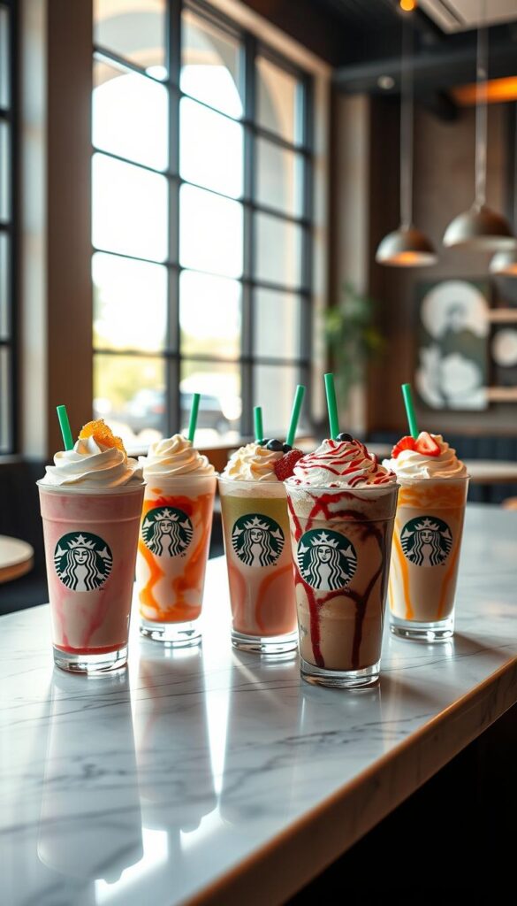 A cozy coffee shop interior, sunlight filtering through large windows, capturing a display of vibrant and unique Starbucks secret menu drinks. Elaborate latte art, whipped cream swirls, and colorful fruit toppings adorn the beverages. The scene exudes a sense of creativity and social media-worthy presentation. A variety of drink sizes, from tall to venti, sit atop a marble countertop, inviting the viewer to explore these secret menu delights. The lighting casts a warm, inviting glow, while the background features blurred, modern cafe furnishings, hinting at the trendy, Instagram-friendly atmosphere.