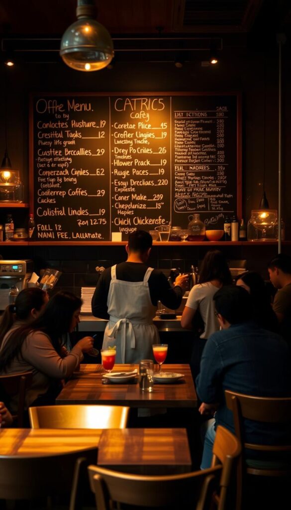 A cozy, dimly lit cafe interior with a chalkboard menu board prominently displayed on the wall, showcasing a variety of unique, off-the-menu drink offerings. Baristas in crisp white aprons move swiftly behind the counter, preparing customized beverages. The atmosphere is intimate, with soft, warm lighting casting a golden glow across the wooden tables and chairs. Patrons huddle over their drinks, engaged in hushed, conspiratorial conversations, creating a sense of exclusivity and mystery around the secret menu items. Subtle details like hand-written notes, scribbled ingredients, and a splash of vibrant color draw the eye, hinting at the creative and personalized nature of these special beverages.