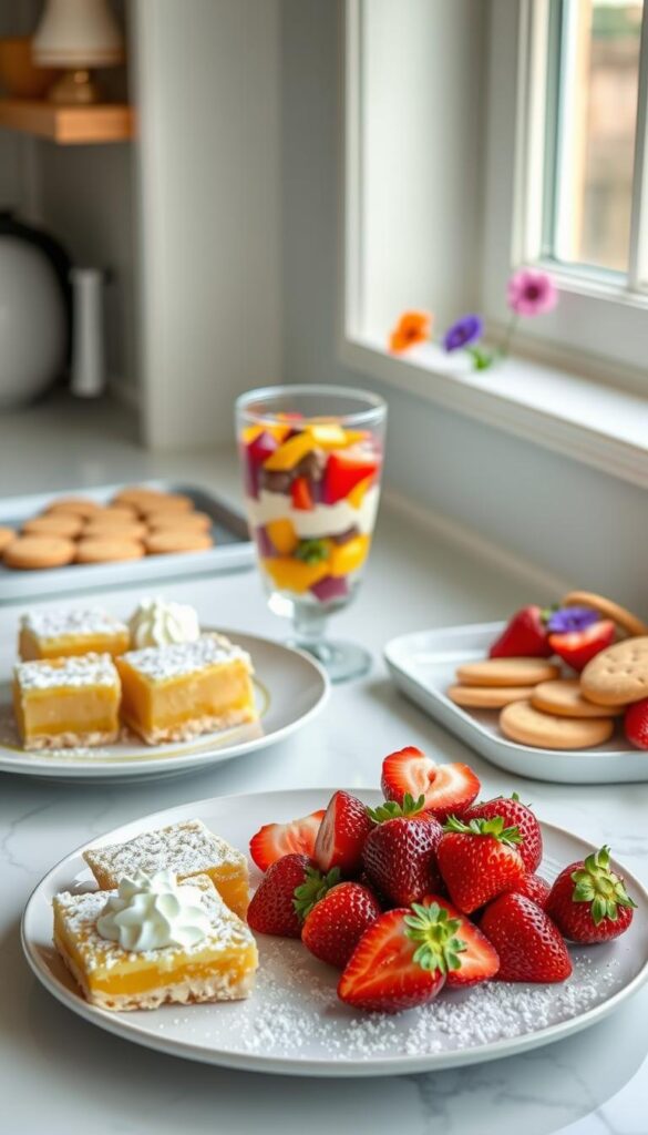 A cozy kitchen counter showcasing an array of tempting spring desserts. In the foreground, a platter of delicate lemon bars dusted with powdered sugar, alongside a bowl of fresh strawberries and whipped cream. In the middle ground, a layered parfait in a glass, filled with vibrant colors of seasonal fruits and creamy yogurt. In the background, a tray of buttery shortbread cookies and a smattering of edible flowers add an elegant touch. Soft, natural lighting flows through the window, casting a warm glow on the scene. The overall atmosphere is one of simplicity, freshness, and inviting indulgence, perfectly capturing the essence of easy spring dessert recipes.
