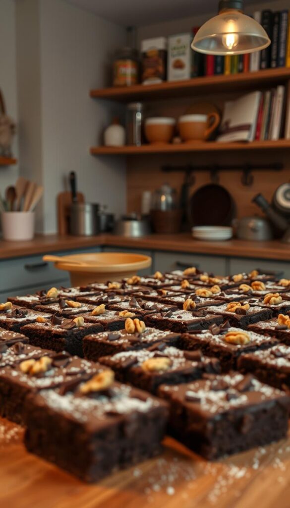 A cozy kitchen interior with a large wooden table in the foreground, covered in a variety of freshly baked brownies. The brownies should have a rich, fudgy texture and be garnished with chocolate shavings, walnuts, and a dusting of powdered sugar. Soft, diffused lighting illuminates the scene, casting a warm glow over the treats. In the background, shelves filled with baking ingredients and cookbooks create a homey, inviting atmosphere. The overall mood should convey a sense of effortless indulgence and the appeal of comforting, crowd-pleasing desserts.