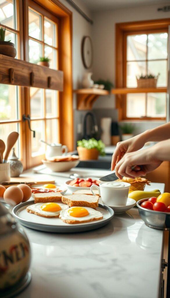 A cozy kitchen scene, bright with natural light filtering through large windows. On the countertop, an array of fresh ingredients - eggs, bacon, toast, fruit, yogurt - arranged in an inviting, appetizing display. Warm hues of wood, ceramic, and metal create a homey, comforting atmosphere. A pair of hands deftly prepares a quick, nourishing breakfast, their motions captured in a soft-focus blur. The overall impression is one of ease, efficiency, and the simple pleasures of a satisfying morning meal.