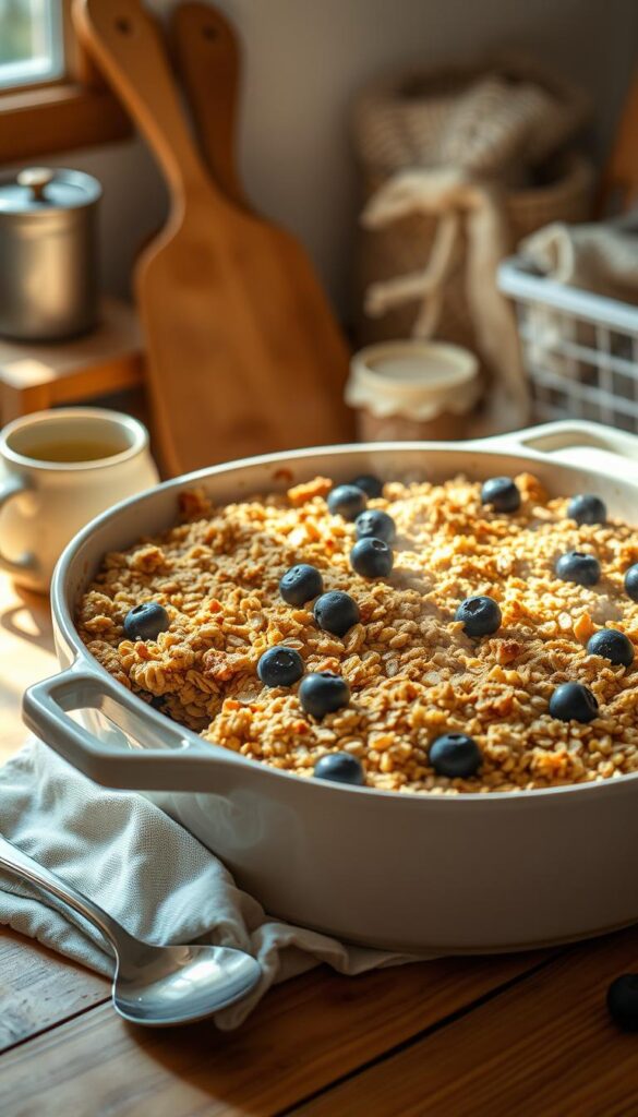 A cozy, sun-dappled kitchen scene featuring a steaming baking dish of freshly baked oatmeal. The oatmeal is topped with a golden, crumbly streusel and dotted with plump blueberries, glistening with a light glaze. Warm, earthy tones fill the frame, complemented by natural wooden accents. Soft, diffused lighting casts a gentle glow, creating an inviting, homey atmosphere. The baking dish is placed on a rustic wooden table, surrounded by kitchen essentials like a ceramic mug, a spoon, and a linen napkin. The overall composition evokes a sense of comfort, nourishment, and the simple pleasures of a satisfying homemade breakfast.
