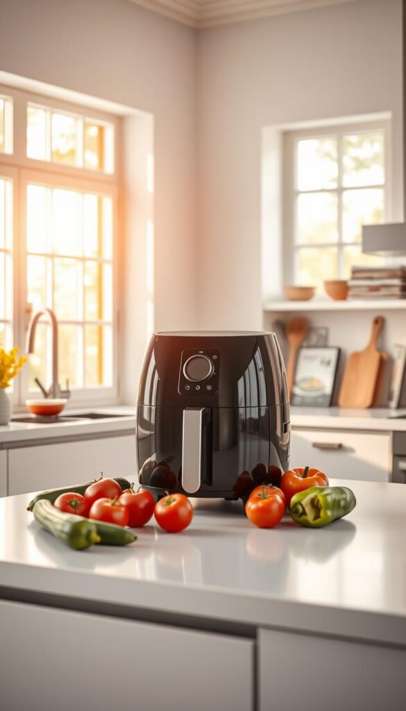 A crisp, modern kitchen scene with a focus on an air fryer in the foreground. The air fryer sits atop a sleek, minimalist counter, surrounded by fresh summer produce like tomatoes, zucchini, and bell peppers. Warm, natural lighting streams in through large windows, casting a soft glow over the scene. In the background, recipe books and kitchen utensils are neatly arranged, hinting at the delicious, healthy dishes that can be prepared with the air fryer. The overall atmosphere is one of simplicity, efficiency, and the vibrant flavors of summer.