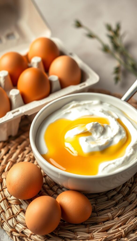 A crisp, well-lit still life featuring a bowl of creamy, thick Greek yogurt drizzled with golden honey, accompanied by a carton of farm-fresh eggs in a natural, earthy setting. The vibrant yolks of the eggs gleam against the neutral tones of the background, highlighting their nutritional richness. Soft, diffused lighting casts a warm, inviting glow, emphasizing the wholesome, nourishing qualities of these breakfast staples. The composition is balanced, with the yogurt and eggs taking center stage, surrounded by subtle hints of natural elements like woven placemats or wooden surfaces to ground the scene. An image that visually conveys the power of these simple, yet nutrient-dense ingredients.