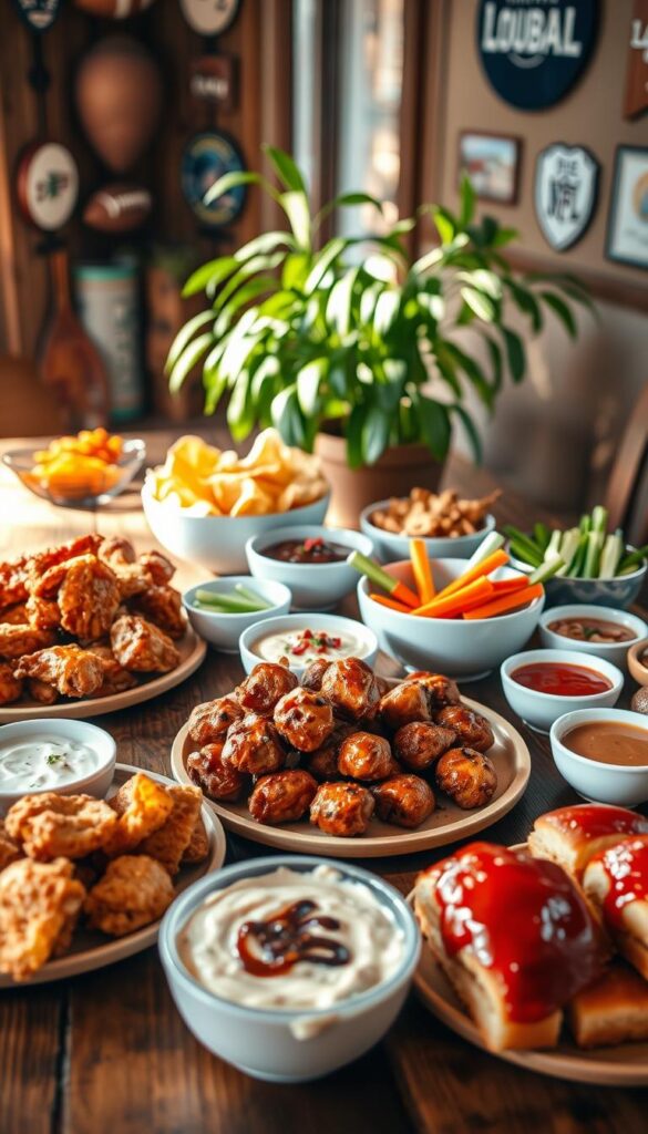 A delectable array of easy game day snacks laid out on a rustic wooden table, bathed in warm, natural lighting. In the foreground, a selection of finger-licking good bites - crispy chicken wings, creamy dips, and savory mini sliders. In the middle ground, bowls filled with crunchy tortilla chips, fresh veggies, and a tantalizing array of dipping sauces. The background showcases a cozy, inviting atmosphere, with a lush green plant and a few team memorabilia adding a touch of sports-themed ambiance. The overall scene exudes a sense of casual, homemade indulgence perfect for fueling a team on game day.