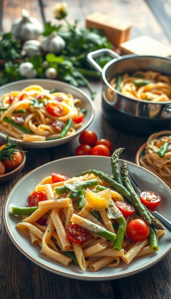 A delectable array of fresh spring pasta dishes, arranged on a rustic wooden table. In the foreground, a plate showcases a vibrant penne pasta tossed with tender asparagus spears, cherry tomatoes, and a light lemon-herb dressing. Beside it, a bowl of creamy carbonara, its silky sauce coating tender fettuccine noodles. In the middle ground, a steaming pot of spaghetti with tender green peas and slivers of prosciutto. The background features an assortment of herbs, garlic, and fresh parmesan, setting the stage for a bountiful, flavor-packed spring pasta feast. Warm, earthy lighting illuminates the scene, capturing the comforting and casual atmosphere of a quick, yet delicious, spring-inspired pasta meal.