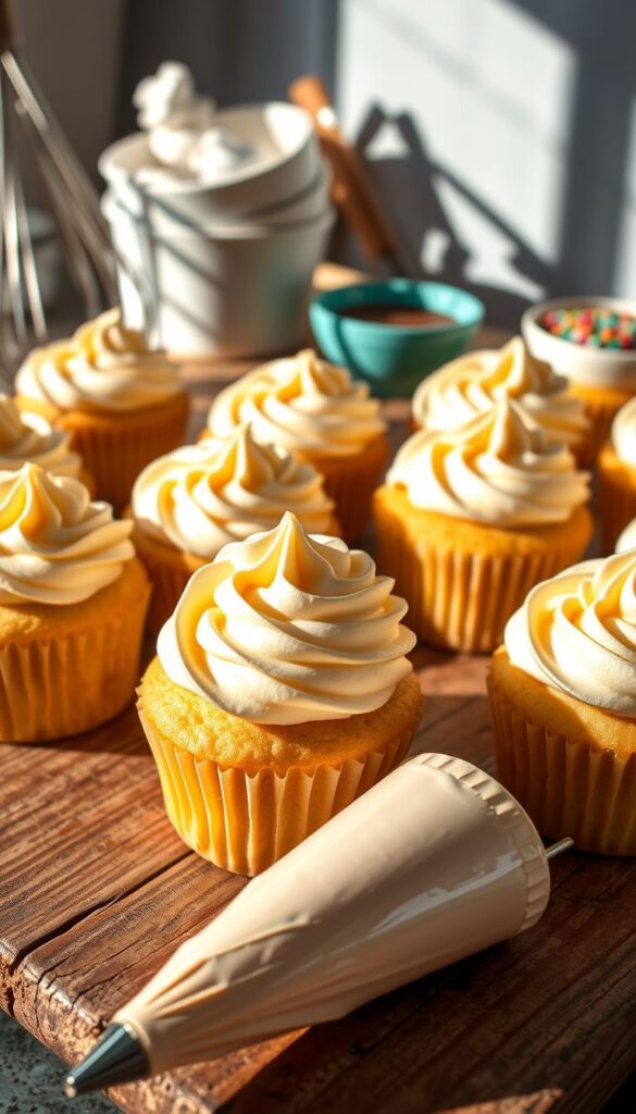 A delectable array of freshly baked vanilla cupcakes, meticulously crafted with a soft, moist crumb and a silky smooth buttercream frosting. The cupcakes are arranged on a rustic wooden surface, basking in warm, natural lighting that casts gentle shadows and highlights the intricate swirls of the frosting. In the foreground, a piping bag filled with vibrant buttercream stands ready, hinting at the artistry and care taken in the decorative process. The background features a selection of baking tools, such as a whisk, measuring cups, and a small bowl of sprinkles, creating a cozy, inviting atmosphere that inspires the viewer to dive into the world of homemade baking.