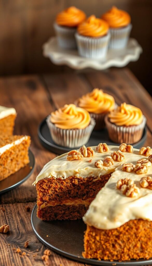 A delectable assortment of carrot cake variations, beautifully presented on a rustic wooden table. In the foreground, a luscious classic carrot cake with a thick, cream cheese frosting garnished with crunchy walnuts. In the middle ground, a moist, spice-infused carrot cake with a smattering of golden raisins and a dusting of cinnamon. And in the background, a trio of miniature carrot cake cupcakes, each with a swirl of fluffy buttercream in a vibrant orange hue. The scene is bathed in warm, natural lighting, highlighting the rich, earthy tones of the cakes and the inviting texture of the wooden surface. An enticing and mouthwatering display that captures the essence of carrot cake's endless possibilities for customization and delight.