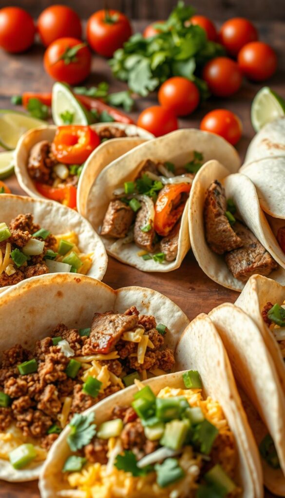 A delectable breakfast spread featuring a variety of freshly prepared breakfast tacos and savory wraps. In the foreground, soft tortillas are filled with scrambled eggs, crumbled chorizo, shredded cheese, and diced avocado. In the middle ground, flour tortillas are wrapped around sautéed peppers, onions, and tender slices of grilled steak. The background showcases a vibrant array of colorful produce, including tomatoes, cilantro, and lime wedges, set against a rustic wooden surface. The image is lit with warm, natural lighting, creating a cozy and inviting atmosphere. The overall composition captures the mouthwatering details and the casual, yet satisfying, nature of this breakfast feast.
