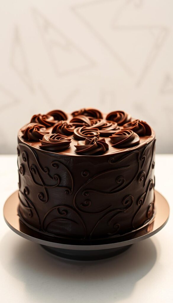 A delectable chocolate cake covered in a glossy, silky chocolate icing, adorned with intricate swirls and delicate patterns. The icing has a rich, velvety texture that glistens under soft, warm lighting, casting subtle shadows and highlights that accentuate its luxurious appeal. In the foreground, the cake is presented on a sleek, modern cake stand, its edges neatly trimmed and the icing meticulously smoothed. The middle ground features a simple, minimalist background, allowing the cake to be the focal point, while the background is softly blurred, creating a sense of depth and focus. The overall mood is one of indulgence, sophistication, and culinary artistry.