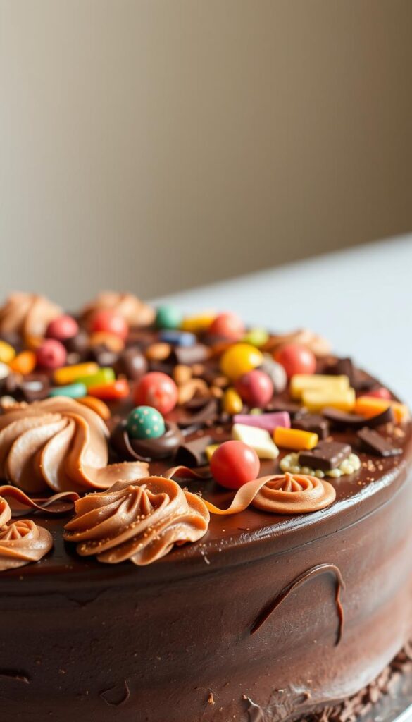 A delectable chocolate cake, its surface adorned with a mosaic of colorful decorations inspired by diverse culinary traditions from around the world. In the foreground, intricate piped frosting patterns swirl and curl, complemented by a sprinkling of shimmering edible glitter. The middle ground showcases an array of meticulously placed chocolate shavings, candied fruits, and delicate chocolate curls, each a unique work of edible art. In the background, a soft, diffused light creates a warm, inviting atmosphere, highlighting the rich, velvety texture of the cake and the vibrant hues of the decorations. The overall composition evokes a sense of global inspiration, showcasing the boundless creativity and artistry of chocolate cake decorating.