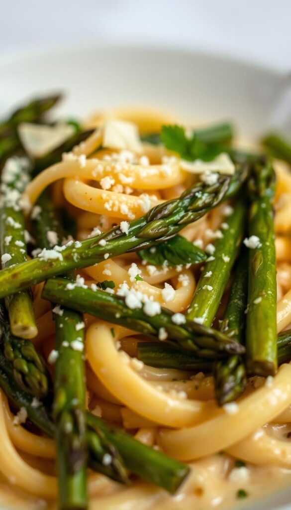 A delectable dish of al dente asparagus pasta, nestled in a creamy sauce, garnished with fresh herbs and grated Parmesan. The asparagus spears are vibrant green, perfectly roasted to bring out their natural sweetness. The pasta is cooked to a tender, yet firm texture, perfectly complementing the sauce's rich, velvety consistency. Soft, diffused lighting illuminates the scene, casting a warm, inviting glow. The composition features a close-up view, placing the pasta front and center, with a shallow depth of field that softly blurs the background, creating a focus on the dish's tantalizing details.