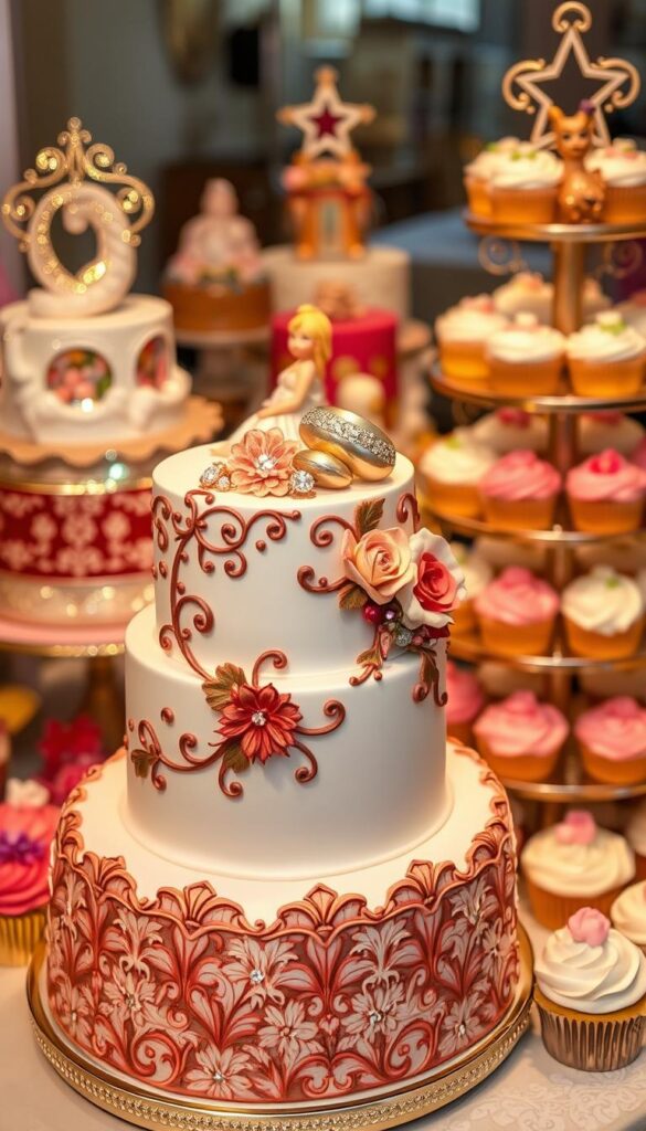A delectable display of unique cake decorating ideas for special occasions. In the foreground, an ornate, multi-tiered cake adorned with intricate patterns, cascading sugar flowers, and glistening edible gems. The middle ground showcases creative cake toppers, from whimsical figurines to elegant metallic accents, all illuminated by soft, warm lighting. In the background, an array of elaborately decorated cupcakes, each a miniature work of edible art, alongside delicate lace-inspired piping and innovative use of fondant textures. The scene exudes a sense of celebration, inviting the viewer to imagine the perfect cake for a wedding, birthday, or other momentous event. Captured with a shallow depth of field, the focus drawn to the stunning centerpiece cake.