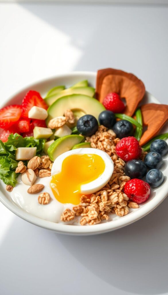 A delectable protein-packed breakfast bowl filled to the brim with a vibrant array of fresh ingredients. In the foreground, a smooth and creamy yogurt base is topped with a hearty serving of granola, sliced almonds, and juicy berries. The middle ground reveals an assortment of diced avocado, crisp vegetables, and a perfectly cooked soft-boiled egg, its golden yolk gently oozing. In the background, the bowl is set against a minimalist white backdrop, allowing the nourishing components to take center stage. Soft, natural lighting bathes the scene, creating a warm and inviting atmosphere. The overall composition exudes a sense of balance, health, and culinary artistry, perfectly capturing the essence of a protein-packed breakfast bowl.