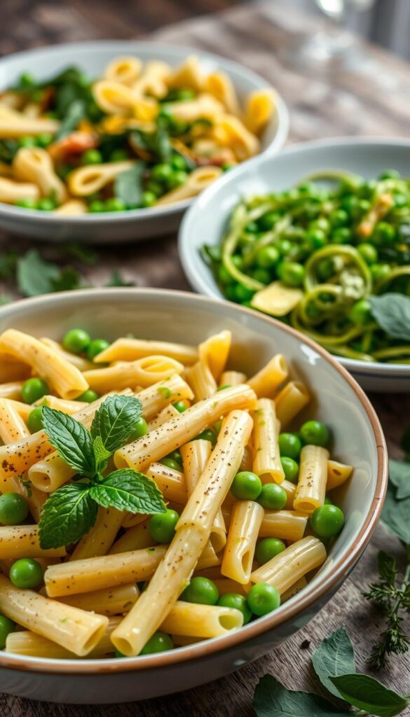 A delicate array of seasonal pasta dishes, centered around the vibrant greens of fresh peas and aromatic herbs. In the foreground, a bowl of penne pasta, tossed with a creamy pea purée, garnished with a scattering of fresh mint leaves and cracked black pepper. Behind it, a platter of tagliatelle, twirled with sautéed peas, parsley, and lemon zest, radiating a springtime freshness. In the background, a glimpse of farfalle pasta, nestled in a light, herb-infused sauce, studded with tender pea shoots. The scene is illuminated by soft, natural lighting, capturing the delicate flavors and textures of these nourishing, seasonal pasta recipes.