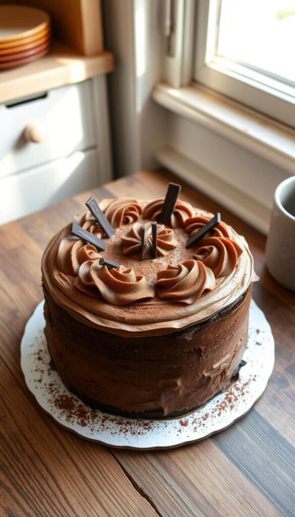 A delicate chocolate cake, freshly baked, sits on a wooden table. Swirls of rich, creamy chocolate frosting adorn the top and sides, creating a simple yet elegant design. Shaved chocolate curls and a light dusting of cocoa powder add subtle visual interest. Soft, natural lighting from a nearby window casts a warm glow, highlighting the cake's moist, inviting texture. The scene evokes a cozy, homemade atmosphere, perfect for showcasing the straightforward, but visually appealing techniques of simple chocolate cake decorating.