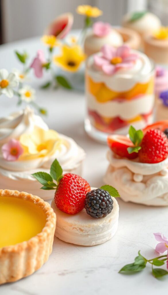 A delightful arrangement of fresh spring desserts, captured in a soft, natural light. In the foreground, a decadent lemon tart with a golden, buttery crust and a vibrant, tangy filling. Alongside, a delicate strawberry pavlova, its meringue shell crowned with plump, juicy berries. In the middle, a refreshing parfait layered with lush, seasonal fruit and silky vanilla custard. In the background, a selection of petit fours - delicate bites of sponge cake, frosted in pastel hues and adorned with edible flowers. The overall scene evokes a sense of lightness and sophistication, perfectly capturing the essence of springtime indulgence.