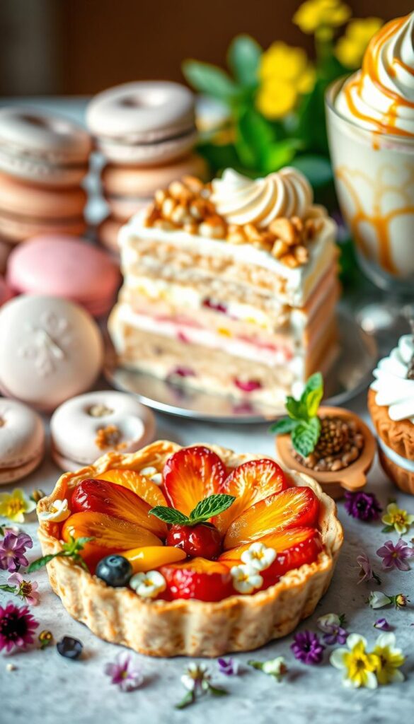 A delightful arrangement of seasonal desserts, captured in a dreamy, soft-focus composition. In the foreground, an artfully plated spring tart with a buttery crust and vibrant fruit, surrounded by a scattering of edible flowers. In the middle ground, a decadent layered cake with creamy pastel frosting, adorned with sprigs of fresh mint. The background features a variety of other tempting treats, from delicate macarons in pastel hues to a creamy, swirled ice cream sundae topped with candied nuts and drizzled with caramel. The lighting is warm and diffused, casting a golden glow and emphasizing the textures and colors of the delectable desserts. The overall mood is one of indulgence, celebration, and the joyful abundance of the spring season.
